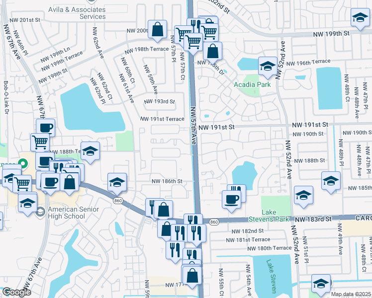 map of restaurants, bars, coffee shops, grocery stores, and more near 18942 Northwest 57th Avenue in Hialeah