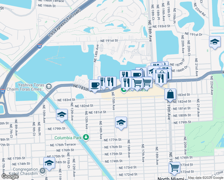 map of restaurants, bars, coffee shops, grocery stores, and more near Miami Gardens Dr & NE 15th Ave in Ojus