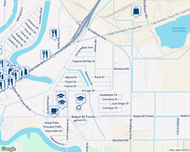 map of restaurants, bars, coffee shops, grocery stores, and more near 2206 Illinois Rd in Brownsville