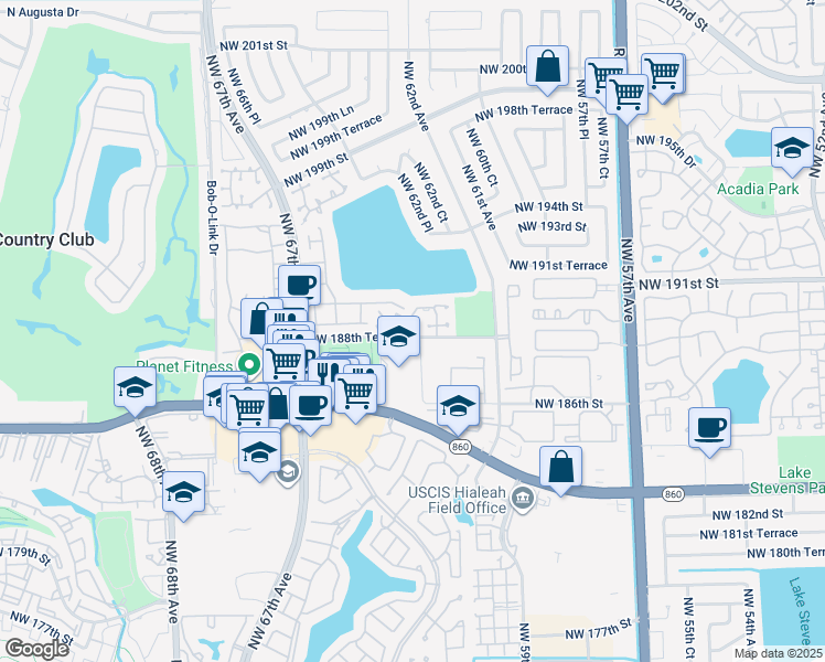 map of restaurants, bars, coffee shops, grocery stores, and more near 18928 Northwest 63rd Court Circle in Hialeah