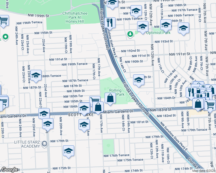 map of restaurants, bars, coffee shops, grocery stores, and more near 18701 Northwest 17th Court in Miami Gardens