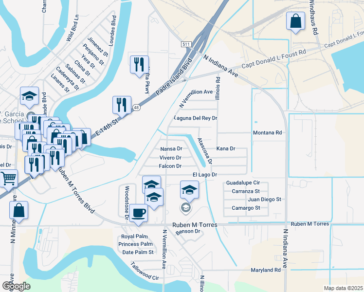map of restaurants, bars, coffee shops, grocery stores, and more near 6955 Laguna Madre Drive in Brownsville