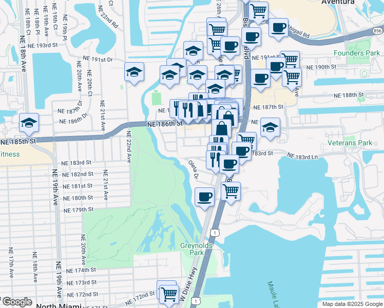 map of restaurants, bars, coffee shops, grocery stores, and more near 2482 Northeast 184th Street in North Miami Beach