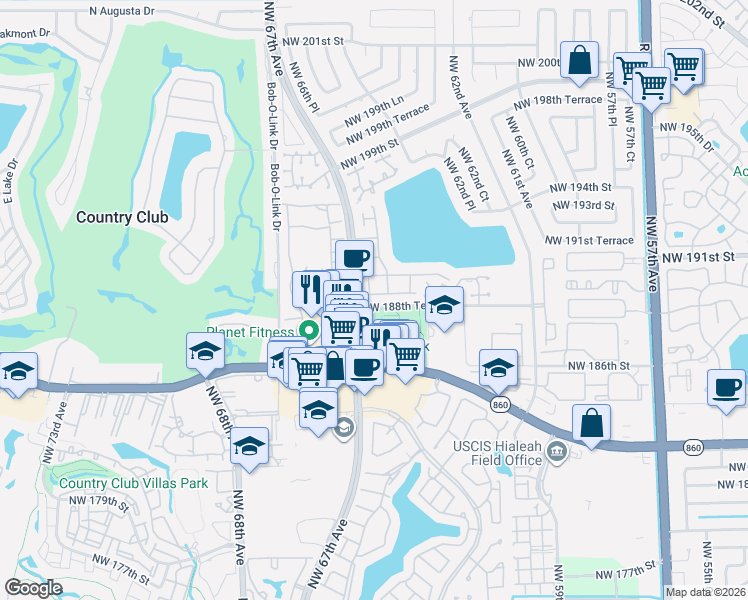 map of restaurants, bars, coffee shops, grocery stores, and more near 18839 Northwest 64th Court in Hialeah