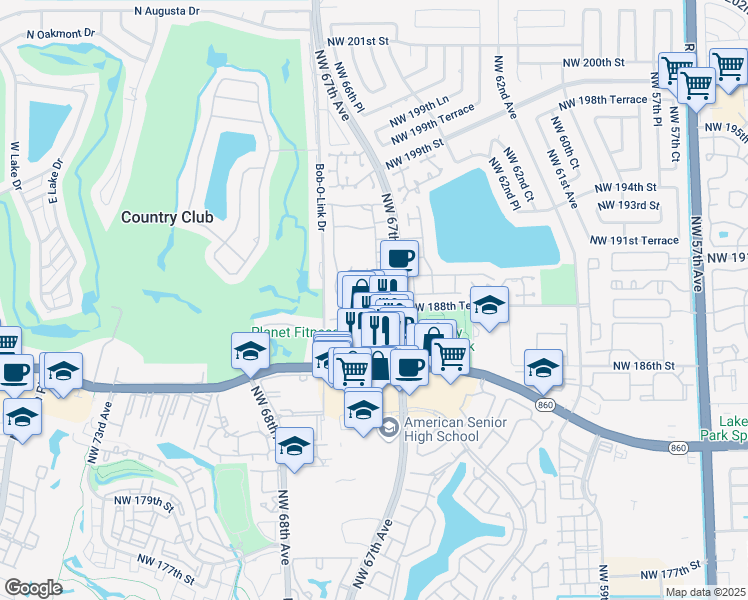map of restaurants, bars, coffee shops, grocery stores, and more near 6730 Northwest 189th Terrace in Hialeah