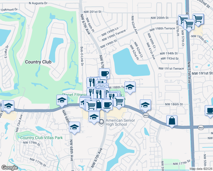 map of restaurants, bars, coffee shops, grocery stores, and more near 18854 Northwest 65th Court in Hialeah