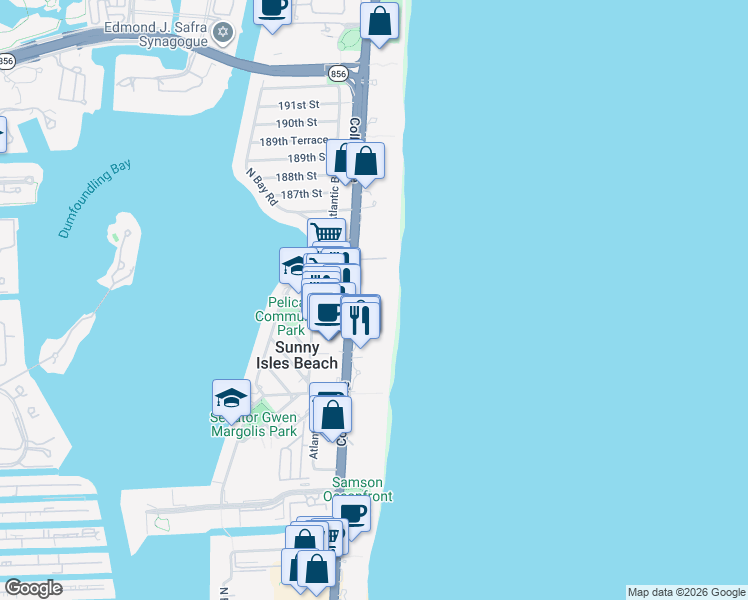 map of restaurants, bars, coffee shops, grocery stores, and more near 18325 Collins Avenue in Sunny Isles Beach