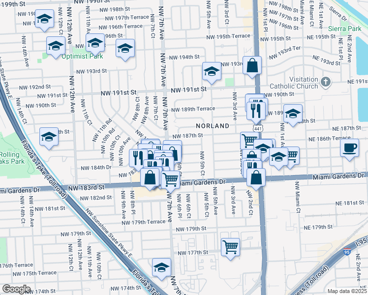 map of restaurants, bars, coffee shops, grocery stores, and more near 630 Northwest 187th Street in Miami