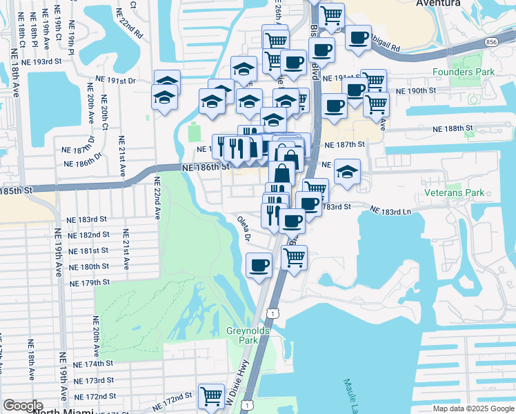 map of restaurants, bars, coffee shops, grocery stores, and more near 2482 Northeast 184th Street in North Miami Beach