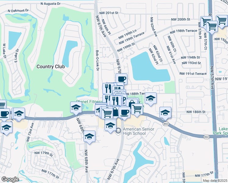 map of restaurants, bars, coffee shops, grocery stores, and more near 6730 Northwest 189th Terrace in Hialeah