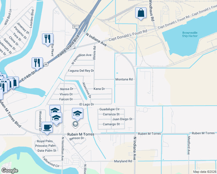 map of restaurants, bars, coffee shops, grocery stores, and more near 8130 Montana Road in Brownsville