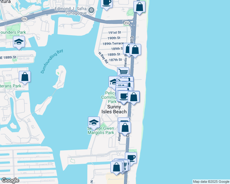 map of restaurants, bars, coffee shops, grocery stores, and more near 201 182nd Drive in Sunny Isles Beach