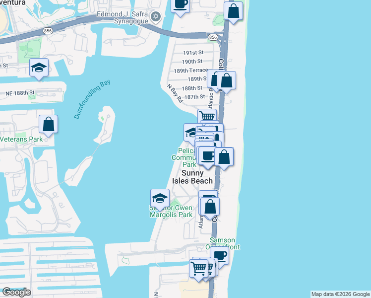 map of restaurants, bars, coffee shops, grocery stores, and more near 18600 North Bay Road in Sunny Isles Beach