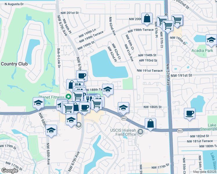 map of restaurants, bars, coffee shops, grocery stores, and more near 18928 Northwest 63rd Court Circle in Hialeah