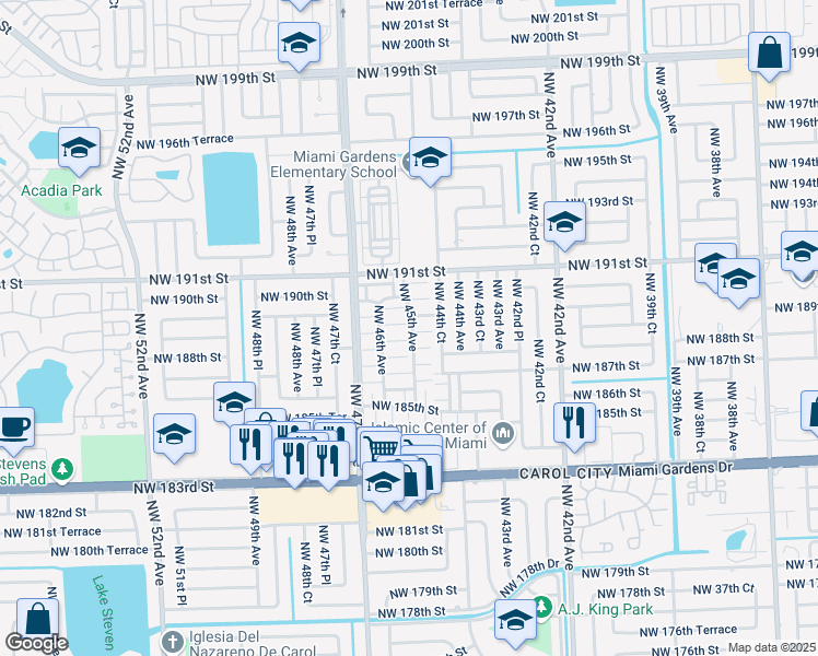 map of restaurants, bars, coffee shops, grocery stores, and more near 18925 Northwest 46th Avenue in Miami Gardens