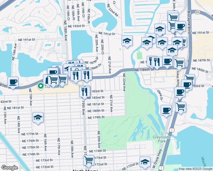 map of restaurants, bars, coffee shops, grocery stores, and more near 18441 Northeast 20th Court in North Miami Beach