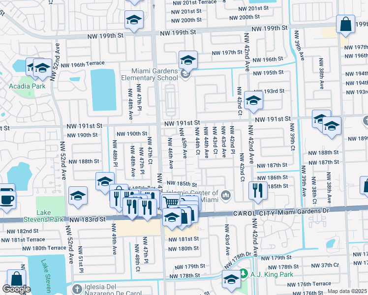 map of restaurants, bars, coffee shops, grocery stores, and more near 18925 Northwest 46th Avenue in Miami Gardens