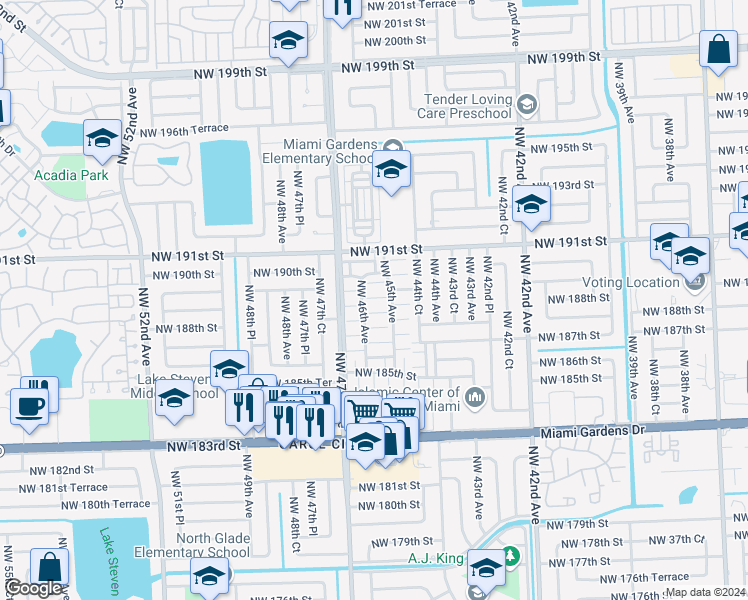 map of restaurants, bars, coffee shops, grocery stores, and more near 18925 Northwest 46th Avenue in Miami Gardens