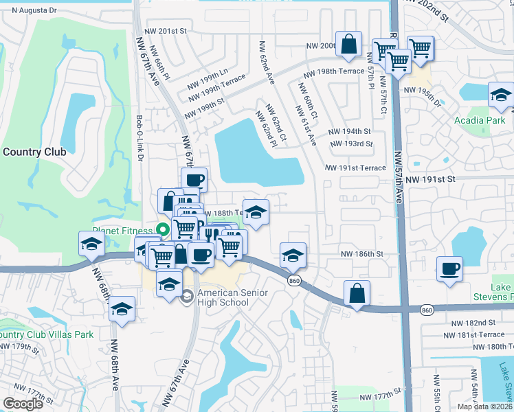 map of restaurants, bars, coffee shops, grocery stores, and more near 18928 Northwest 63rd Court Circle in Hialeah