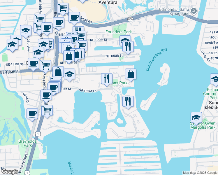 map of restaurants, bars, coffee shops, grocery stores, and more near 3073 Northeast 183rd Lane in Aventura