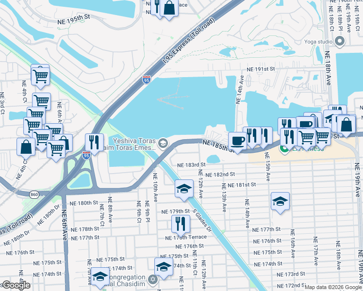 map of restaurants, bars, coffee shops, grocery stores, and more near 1150 Northeast 185th Street in Miami