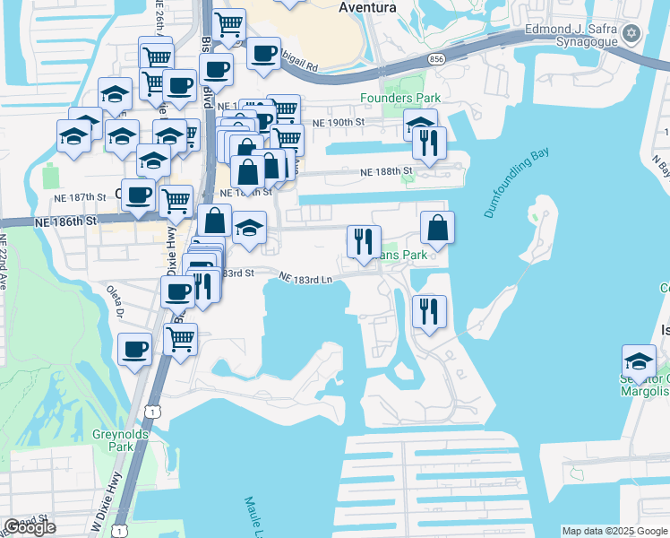 map of restaurants, bars, coffee shops, grocery stores, and more near 3023 Northeast 183rd Lane in Aventura