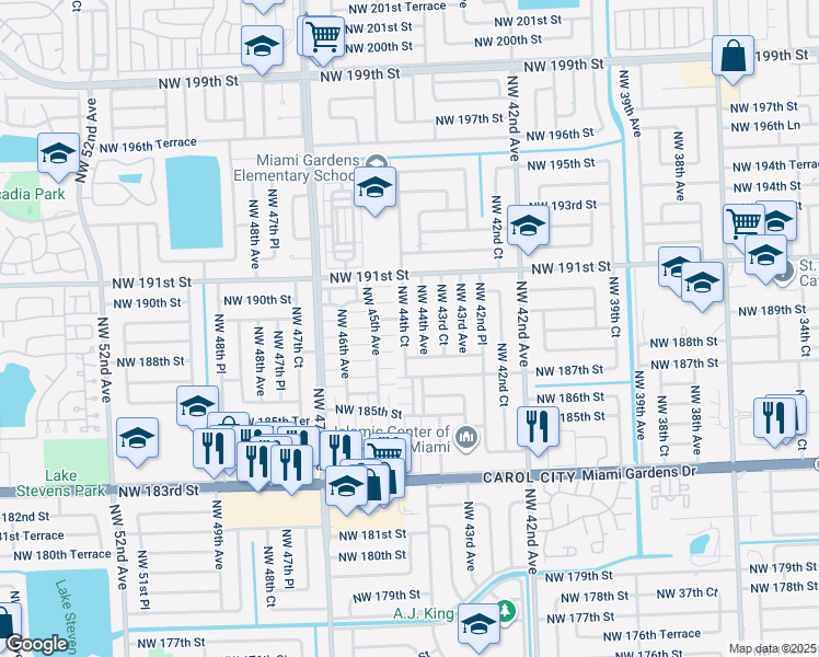 map of restaurants, bars, coffee shops, grocery stores, and more near 18905 Northwest 44th Court in Miami Gardens