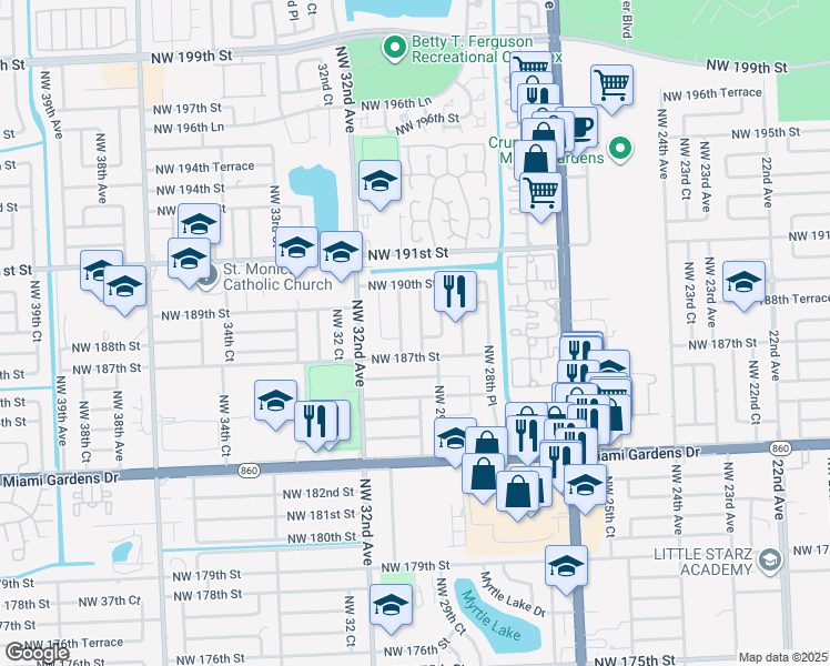 map of restaurants, bars, coffee shops, grocery stores, and more near 18810 Northwest 29th Place in Miami Gardens