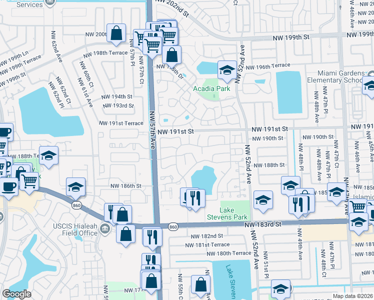 map of restaurants, bars, coffee shops, grocery stores, and more near 5473 Northwest 190th Street in Miami Gardens