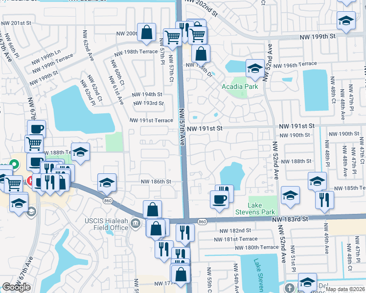 map of restaurants, bars, coffee shops, grocery stores, and more near 18937 Northwest 56th Court in Miami Gardens