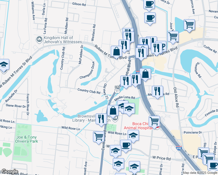 map of restaurants, bars, coffee shops, grocery stores, and more near 903-1 Country Club Road in Brownsville