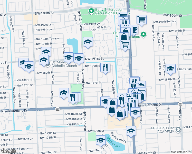 map of restaurants, bars, coffee shops, grocery stores, and more near 18810 Northwest 29th Place in Miami Gardens