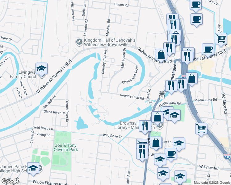 map of restaurants, bars, coffee shops, grocery stores, and more near 300 Country Club Road in Brownsville