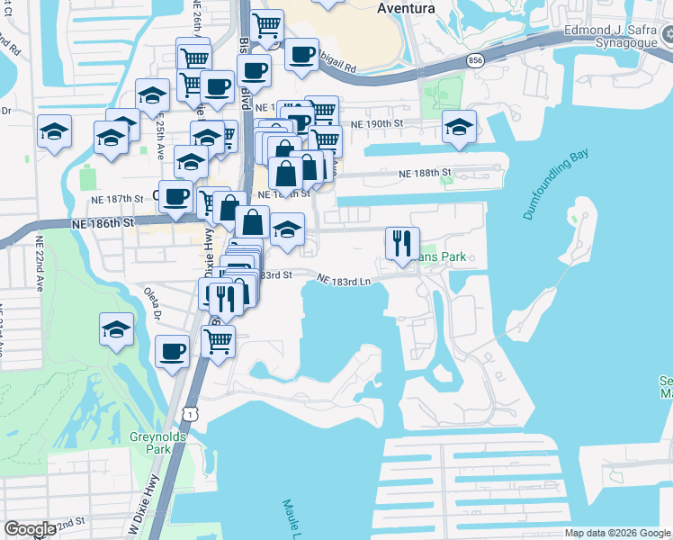 map of restaurants, bars, coffee shops, grocery stores, and more near in Aventura