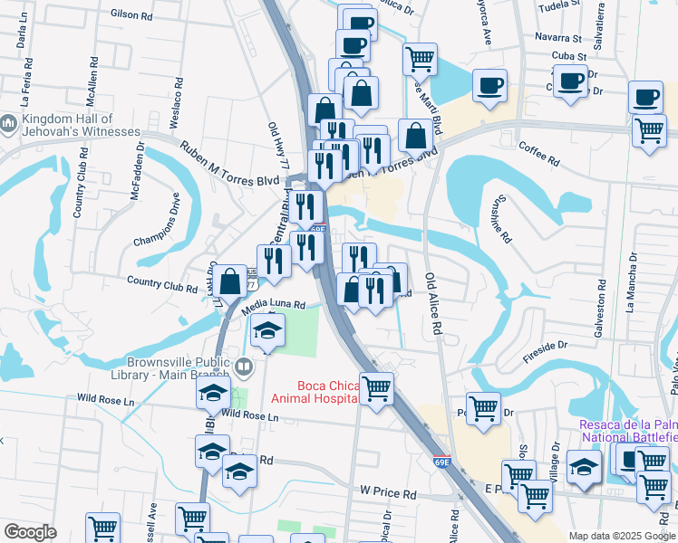 map of restaurants, bars, coffee shops, grocery stores, and more near 375 Media Luna Road in Brownsville