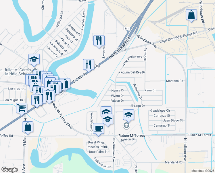 map of restaurants, bars, coffee shops, grocery stores, and more near 6855 Laguna Madre Drive in Brownsville