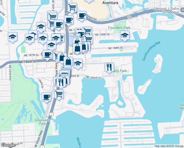 map of restaurants, bars, coffee shops, grocery stores, and more near in Aventura