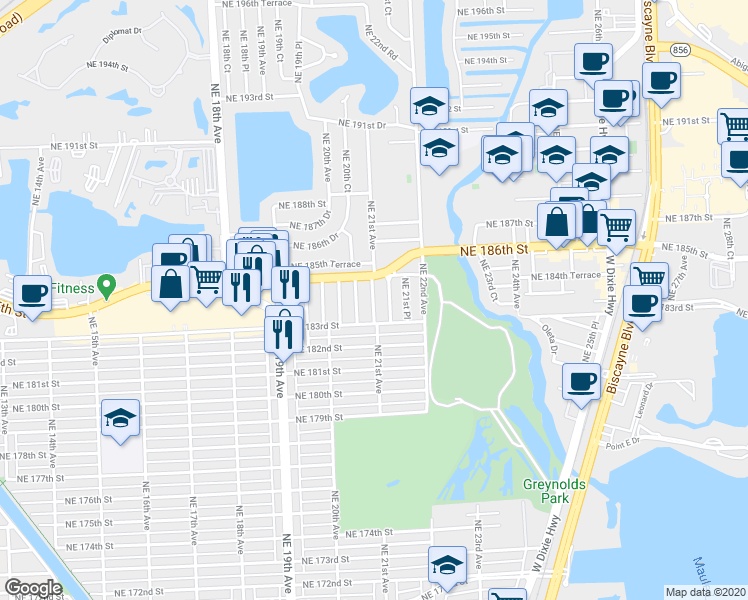 map of restaurants, bars, coffee shops, grocery stores, and more near 18401 Northeast 21st Avenue in North Miami Beach