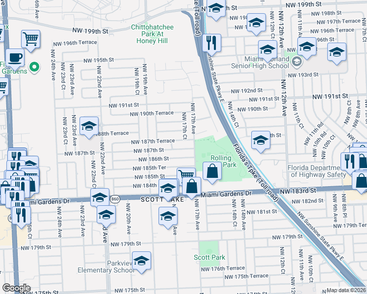 map of restaurants, bars, coffee shops, grocery stores, and more near 1730 Northwest 187th Terrace in Miami Gardens