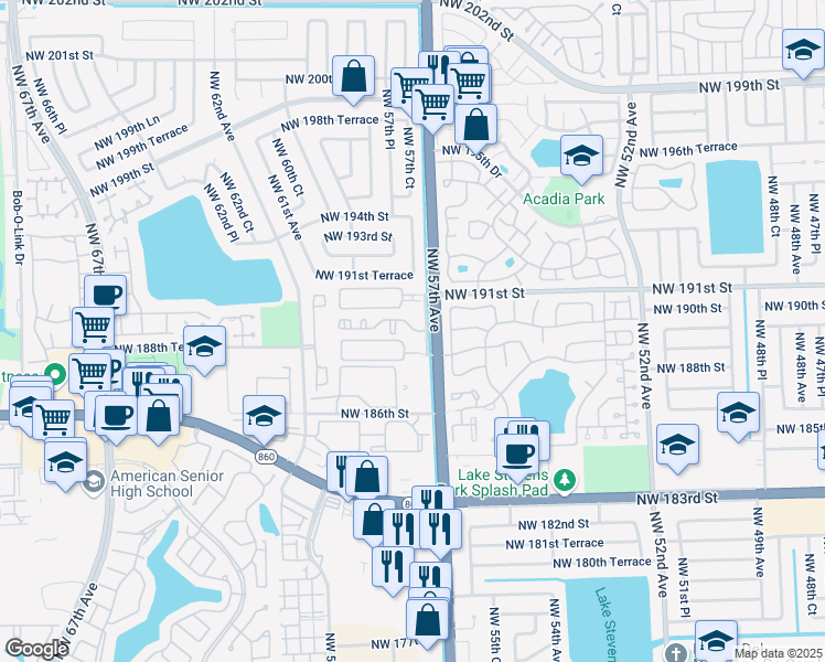 map of restaurants, bars, coffee shops, grocery stores, and more near 18942 Northwest 57th Avenue in Hialeah
