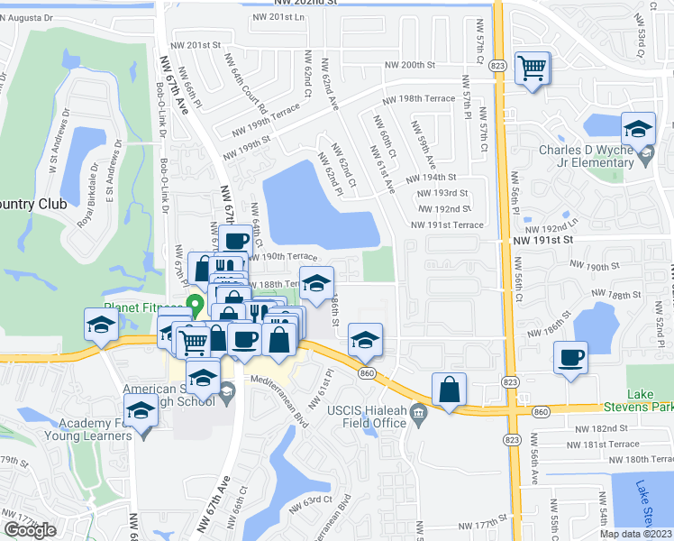 map of restaurants, bars, coffee shops, grocery stores, and more near 18866 Northwest 63rd Court Circle in Hialeah