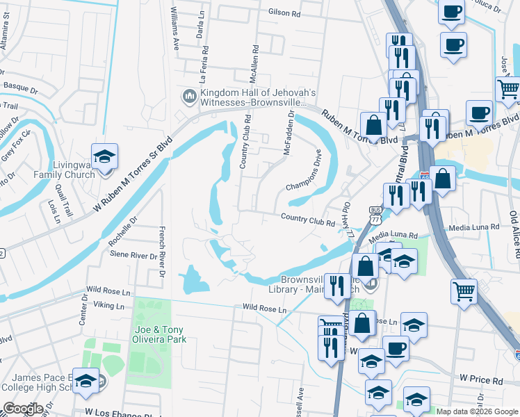 map of restaurants, bars, coffee shops, grocery stores, and more near 300 Country Club Road in Brownsville