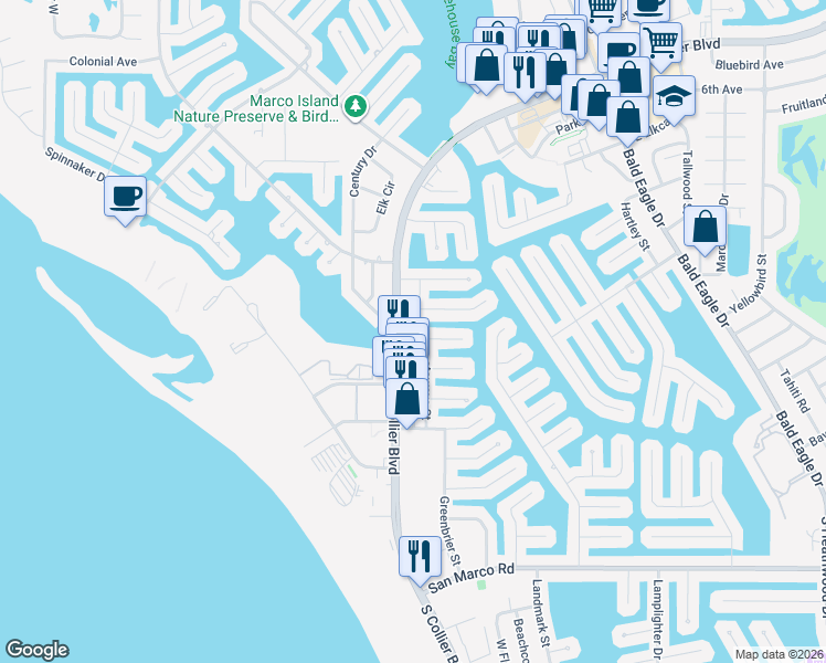 map of restaurants, bars, coffee shops, grocery stores, and more near 748 Amazon Court in Marco Island