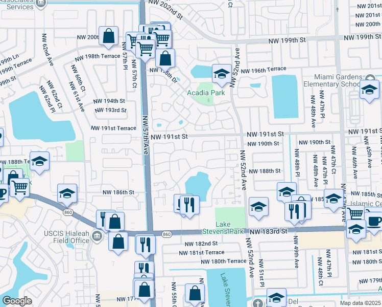 map of restaurants, bars, coffee shops, grocery stores, and more near 5402 Northwest 190th Street in Miami Gardens