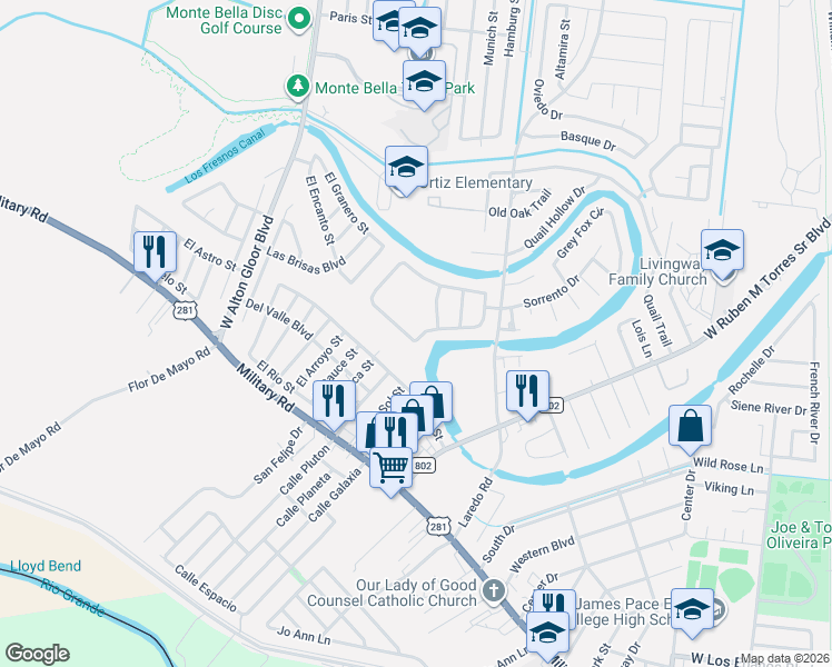 map of restaurants, bars, coffee shops, grocery stores, and more near 1311 Costa Del Sol Drive in Brownsville