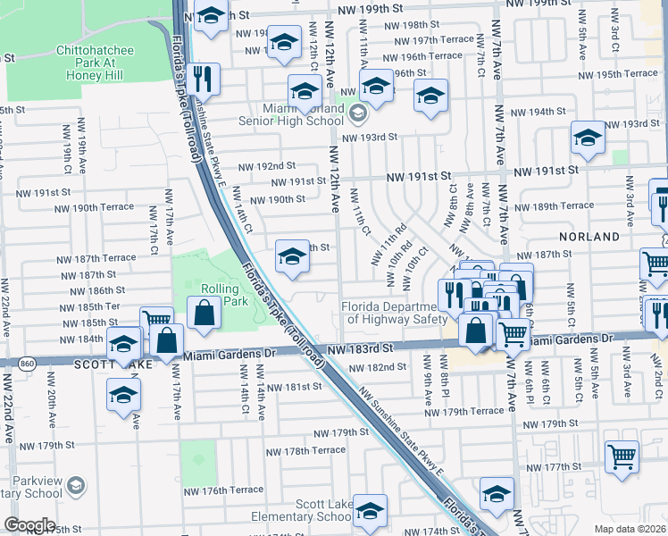 map of restaurants, bars, coffee shops, grocery stores, and more near 1200 Northwest 187th Street in Miami