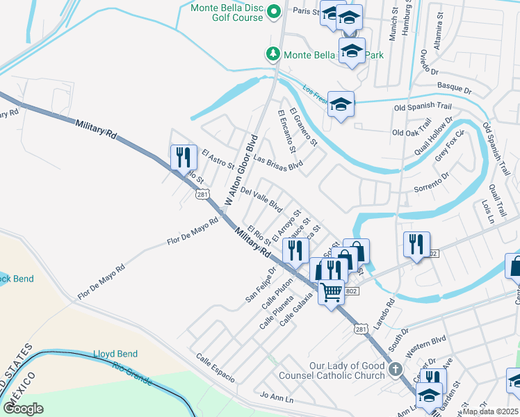 map of restaurants, bars, coffee shops, grocery stores, and more near 2185 El Camino Street in Brownsville