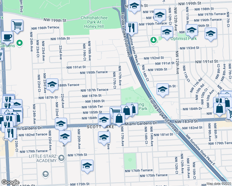 map of restaurants, bars, coffee shops, grocery stores, and more near 1721 Northwest 187th Street in Miami Gardens