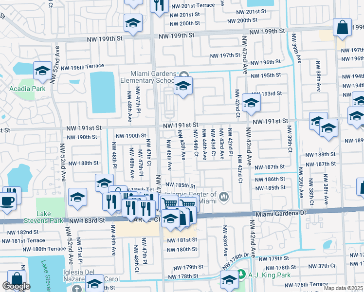 map of restaurants, bars, coffee shops, grocery stores, and more near 18925 Northwest 46th Avenue in Miami Gardens