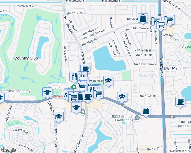 map of restaurants, bars, coffee shops, grocery stores, and more near 18839 Northwest 64th Court in Hialeah